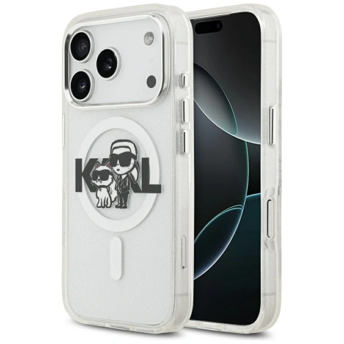 Etui Karl Lagerfeld IML Glitter Karl & Choupette Sketch Logo MagSafe do Apple iPhone 17 Pro przezroczysty