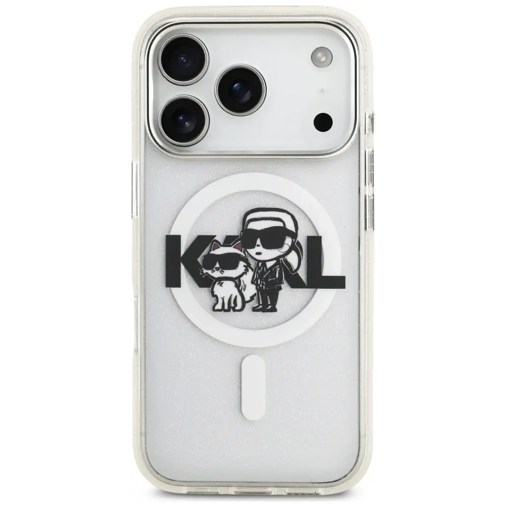 Etui Karl Lagerfeld IML Glitter Karl & Choupette Sketch Logo MagSafe do Apple iPhone 17 Pro przezroczysty