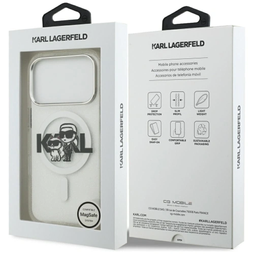 Etui Karl Lagerfeld IML Glitter Karl & Choupette Sketch Logo MagSafe do Apple iPhone 17 Pro przezroczysty