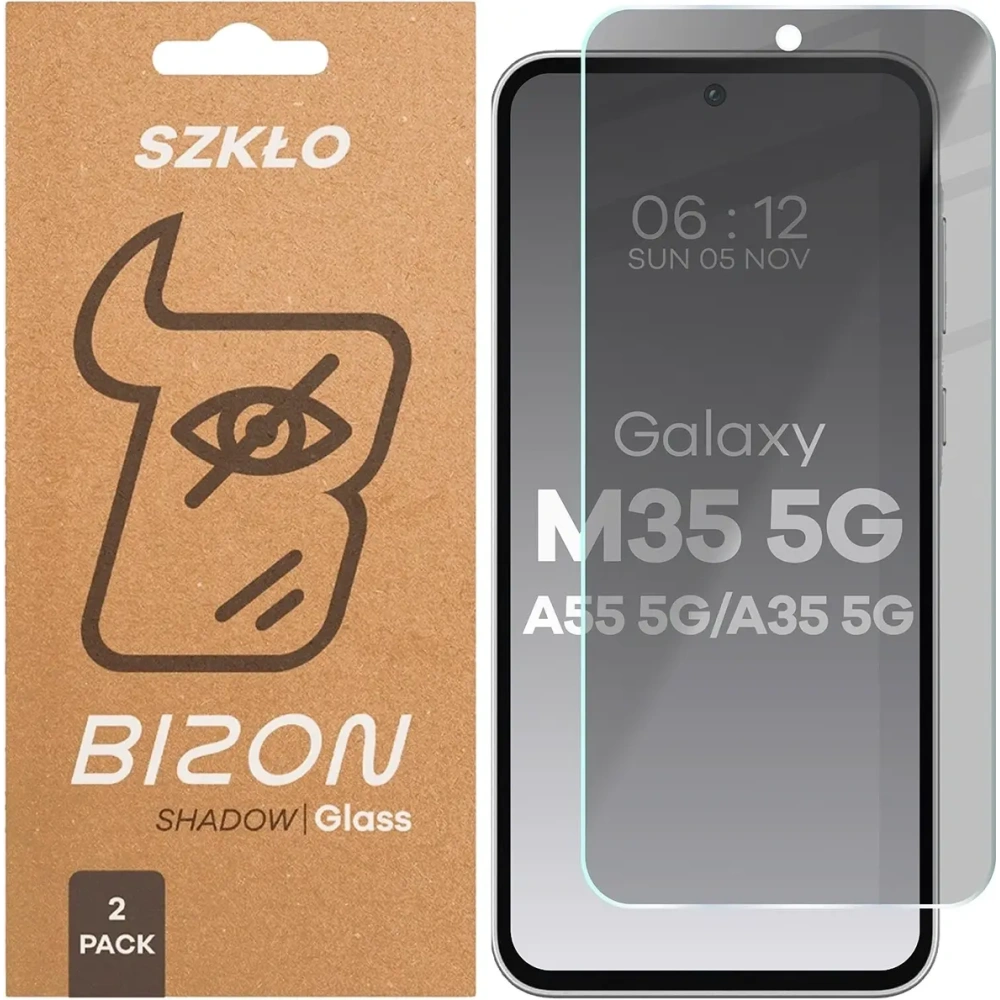 Prywatyzujące szkło hartowane Bizon Glass Clear Shadow do Samsung Galaxy M35 5G / A35 5G / A55 5G przyciemniane [2 PACK]