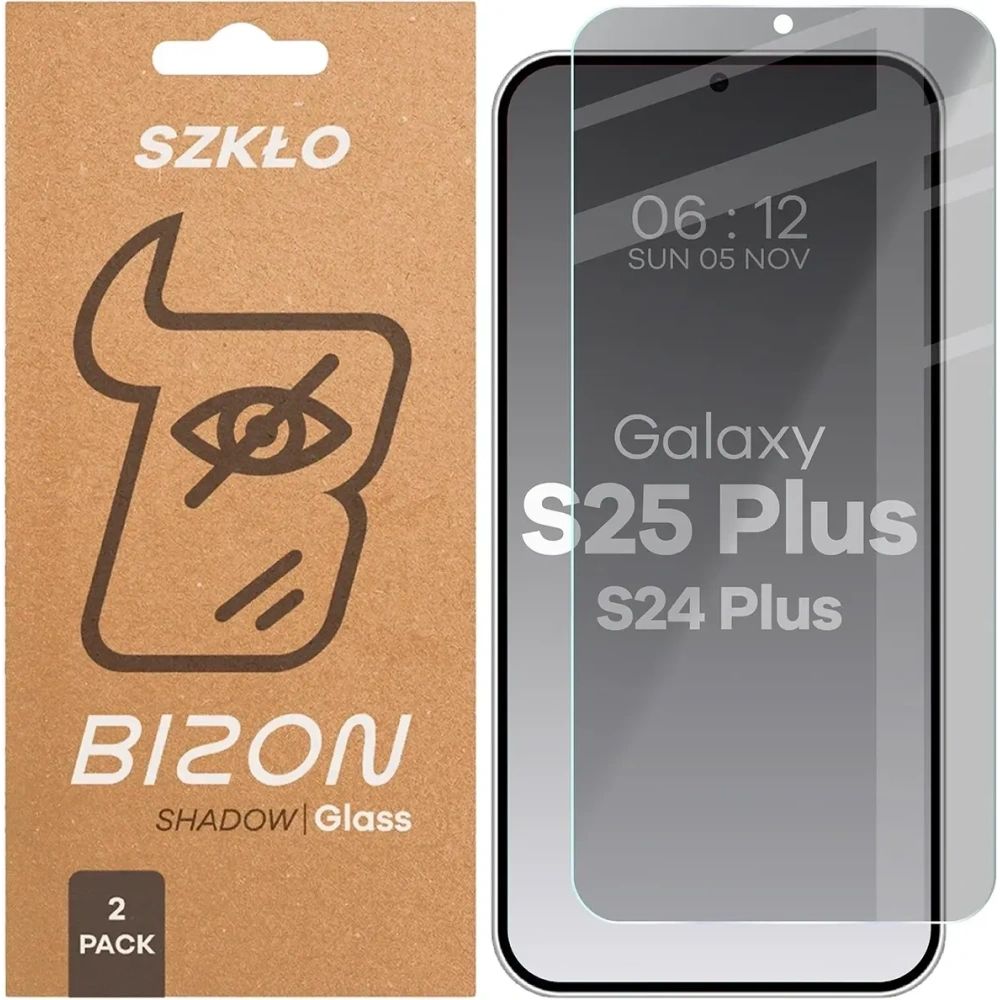 Prywatyzujące szkło hartowane Bizon Glass Clear Shadow do Samsung Galaxy S25+ Plus / S24+ Plus przyciemniane [2 PACK]
