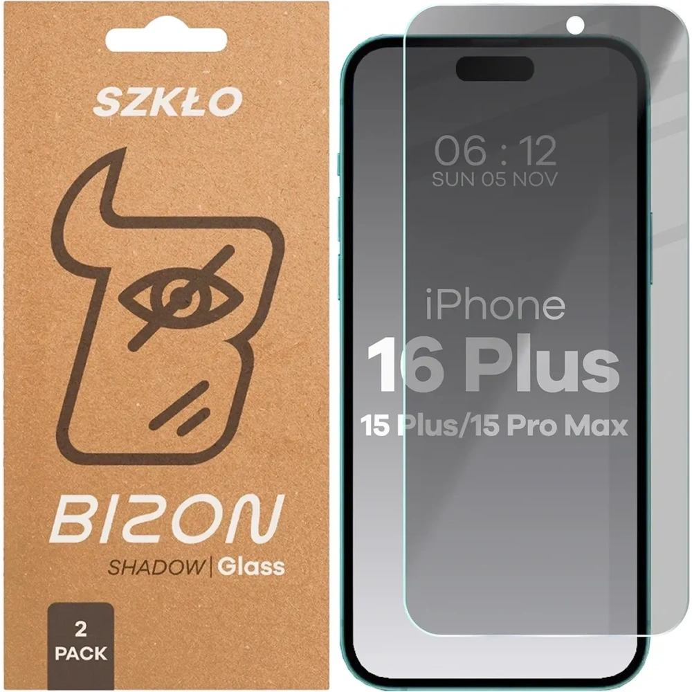 Prywatyzujące szkło hartowane Bizon Glass Clear Shadow do Apple iPhone 15 Plus / 15 Pro Max / 16 Plus przyciemniane [2 PACK]
