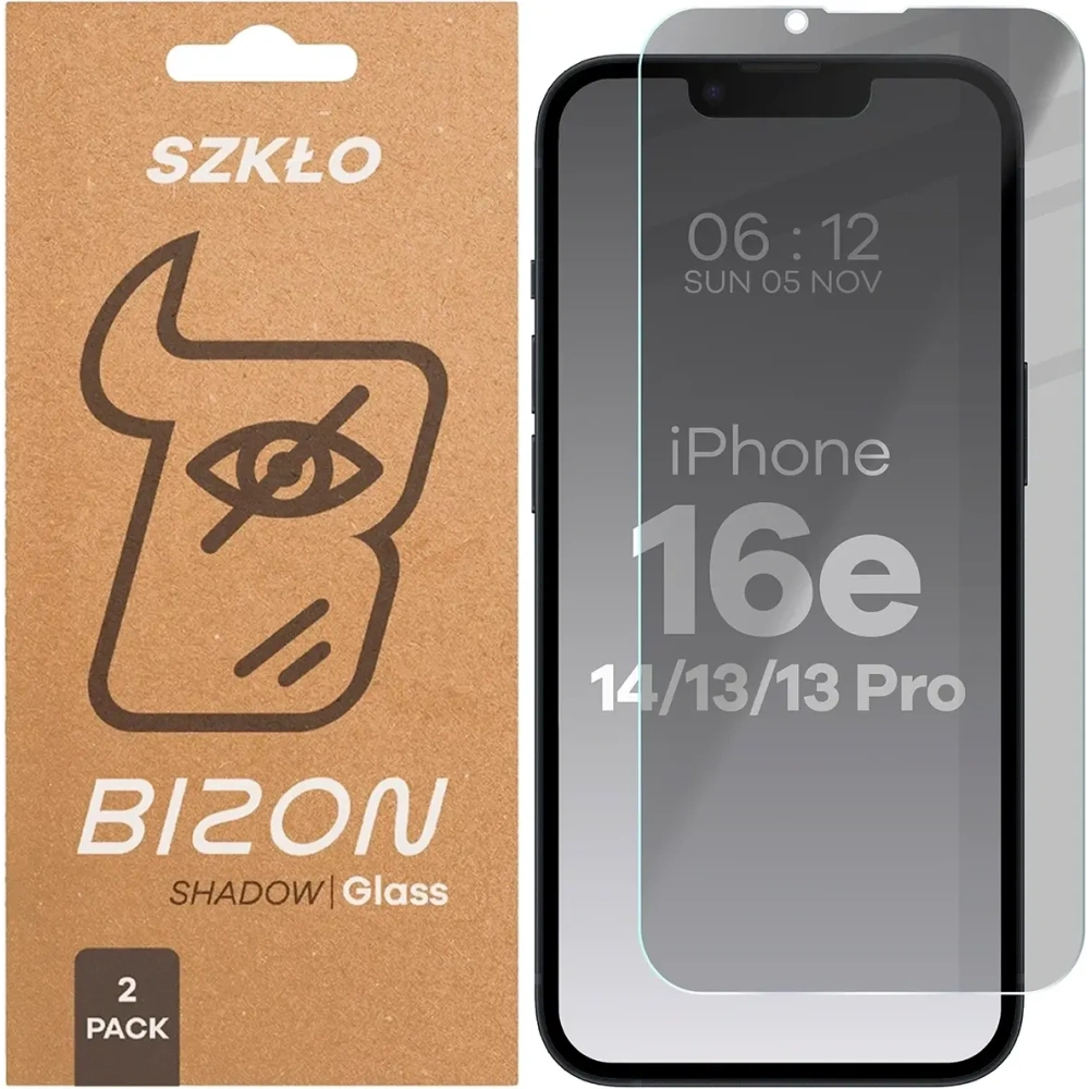 Prywatyzujące szkło hartowane Bizon Glass Clear Shadow do Apple iPhone 16e / 14 / 13 Pro / 13 przyciemniane [2 PACK]