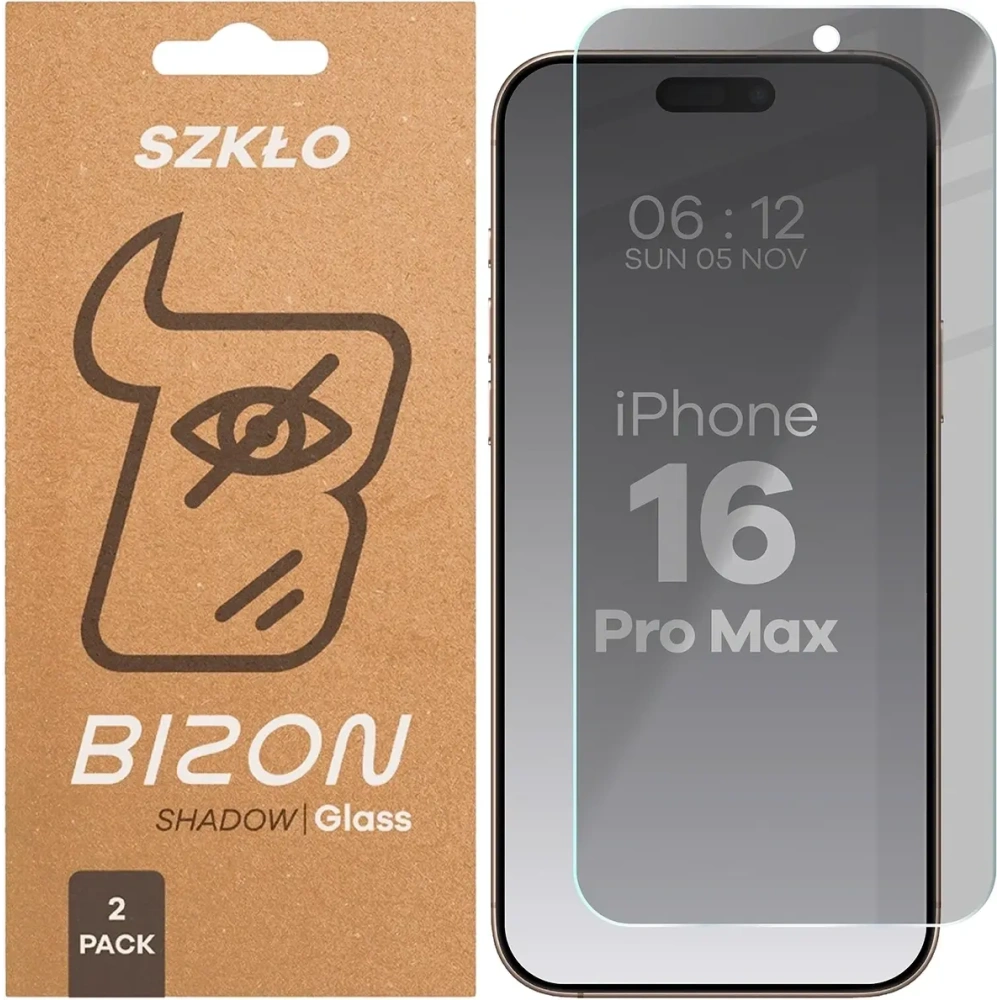 Prywatyzujące szkło hartowane Bizon Glass Clear Shadow do Apple iPhone 16 Pro Max przyciemniane [2 PACK]