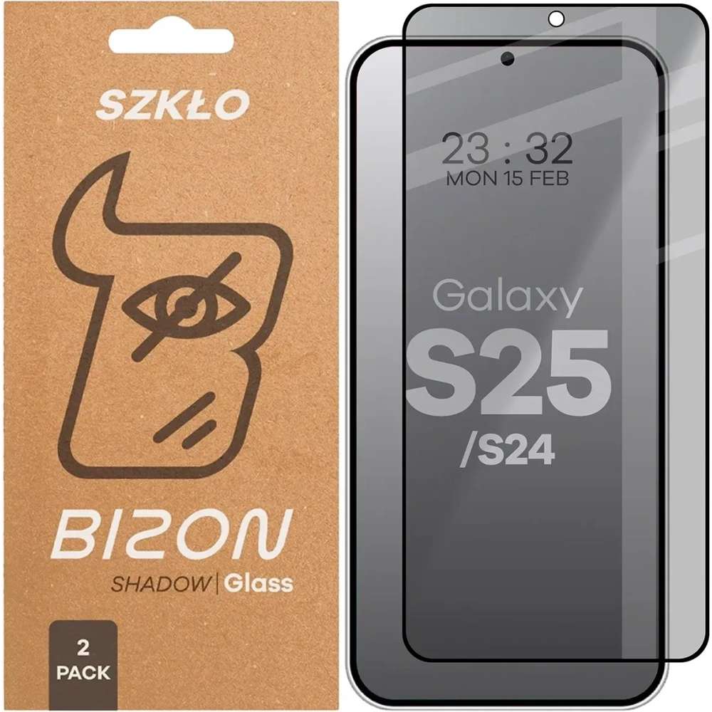 Prywatyzujące szkło hartowane Bizon Glass Edge Shadow Duo do Samsung Galaxy S25 / S24 przyciemniane z czarną ramką [2 PACK]