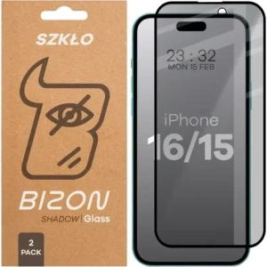 Prywatyzujące szkło hartowane Bizon Glass Edge Shadow Duo do do Apple iPhone 15 / 16 przyciemniane z czarną ramką [2 PACK]