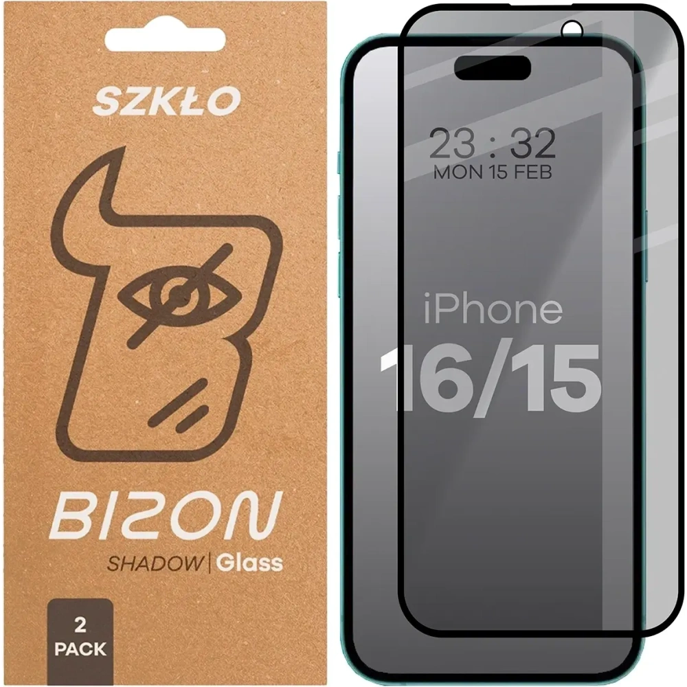 Prywatyzujące szkło hartowane Bizon Glass Edge Shadow Duo do do Apple iPhone 15 / 16 przyciemniane z czarną ramką [2 PACK]