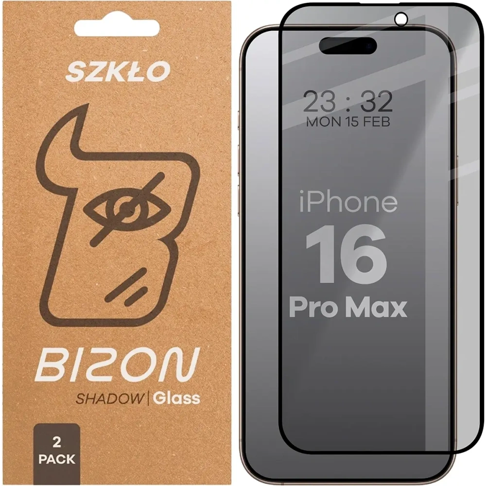 Prywatyzujące szkło hartowane Bizon Glass Edge Shadow Duo do do Apple iPhone 16 Pro Max przyciemniane z czarną ramką [2 PACK]