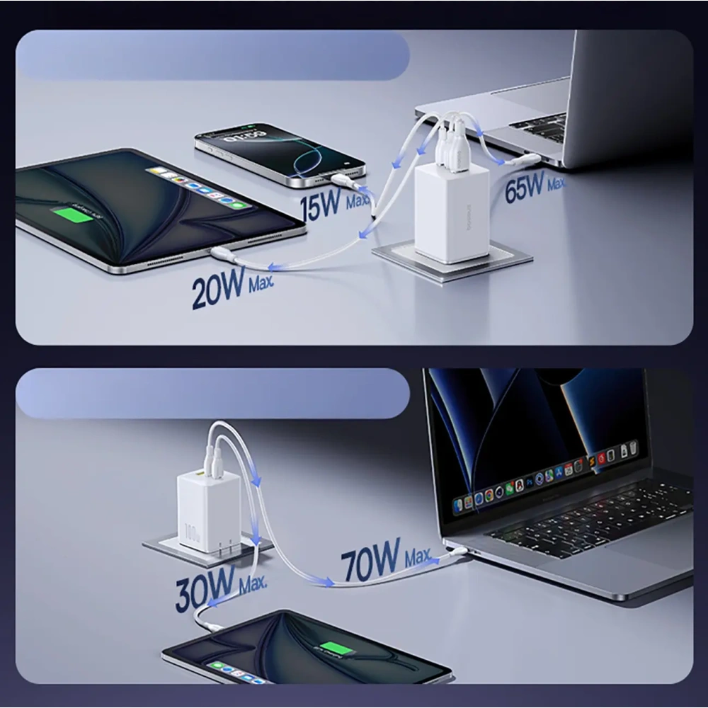 Ładowarka sieciowa Baseus EnerFill FE11 USB-A / 2xUSB-C 100W biała