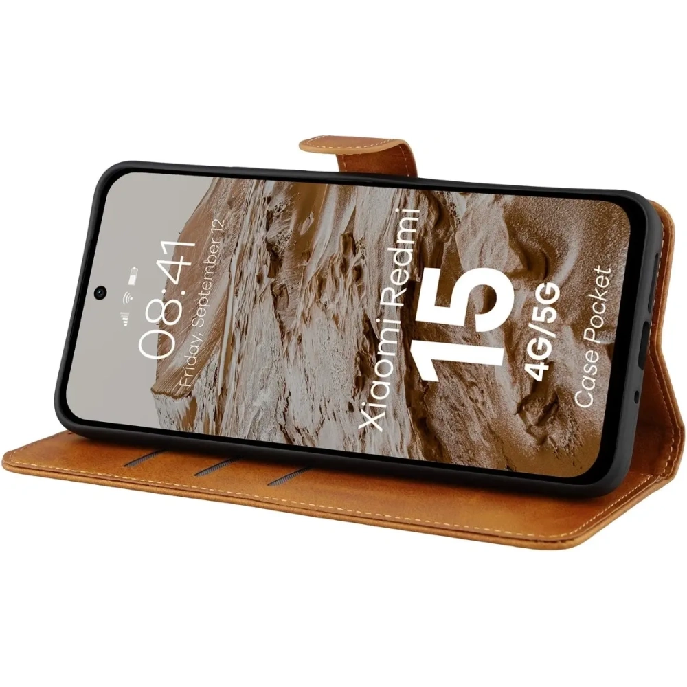 Etui z klapką Bizon Case Pocket do Xiaomi Redmi 15 4G / 5G brązowe