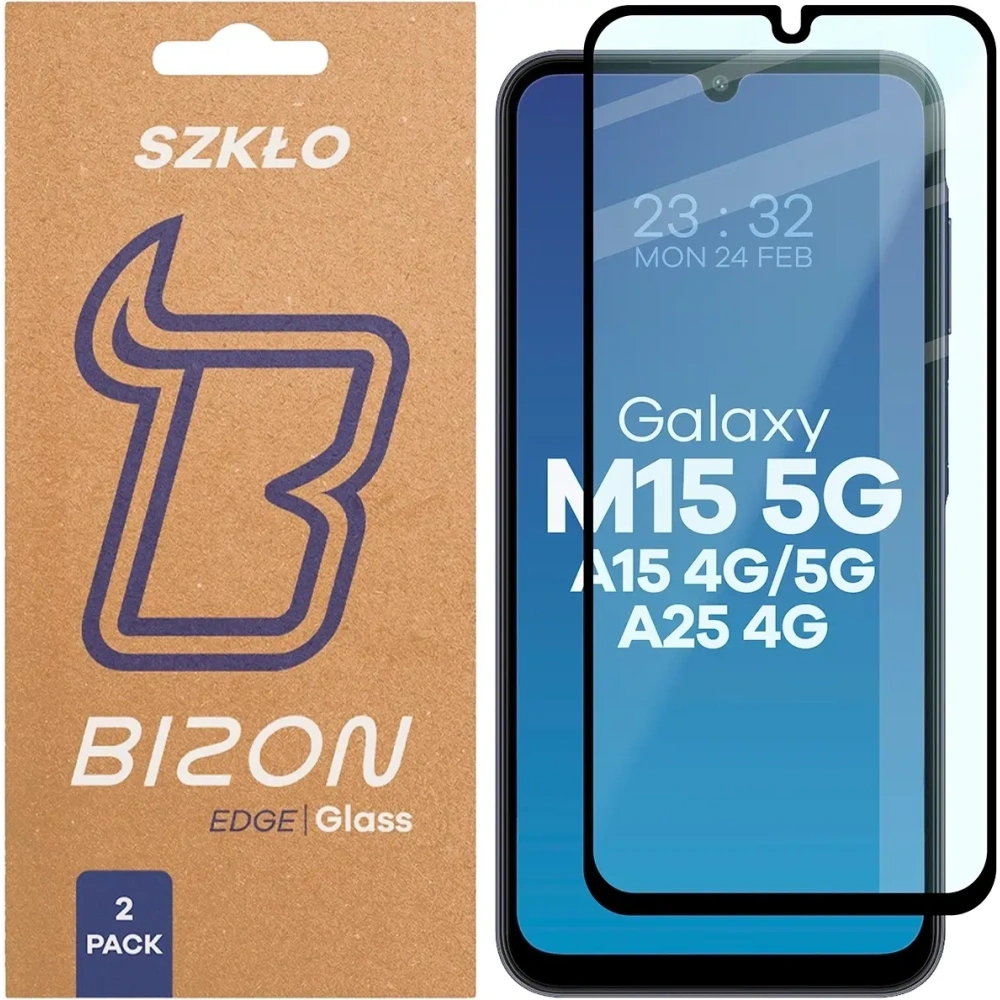 Szkło hartowane Bizon Glass Edge Duo do Samsung Galaxy A15 4G / 5G / A25 5G / M15 5G czarna ramka [2 PACK]