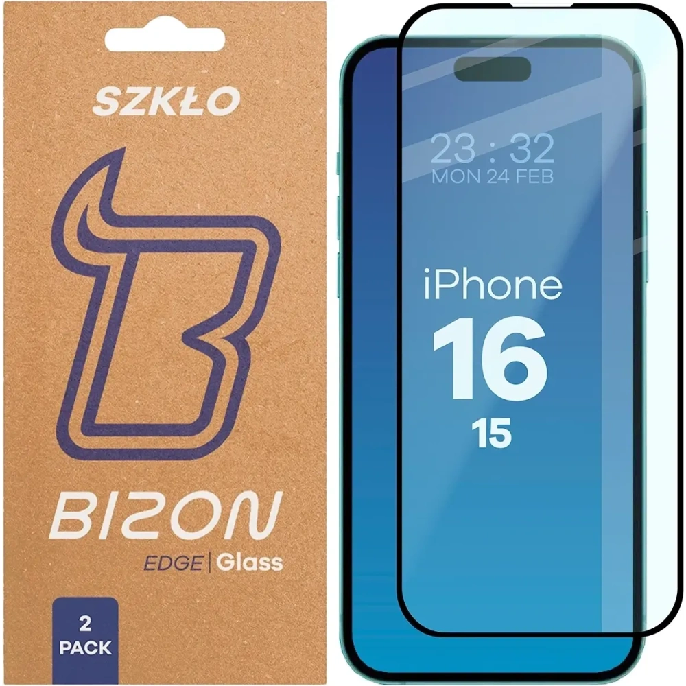 Szkło hartowane Bizon Glass Edge Duo do Apple iPhone 15 / 16 czarna ramka [2 PACK]
