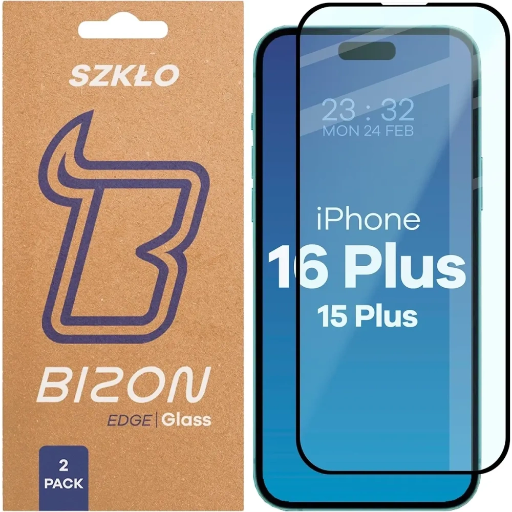 Szkło hartowane Bizon Glass Edge Duo do Apple iPhone 15 Plus / 16 Plus czarna ramka [2 PACK]