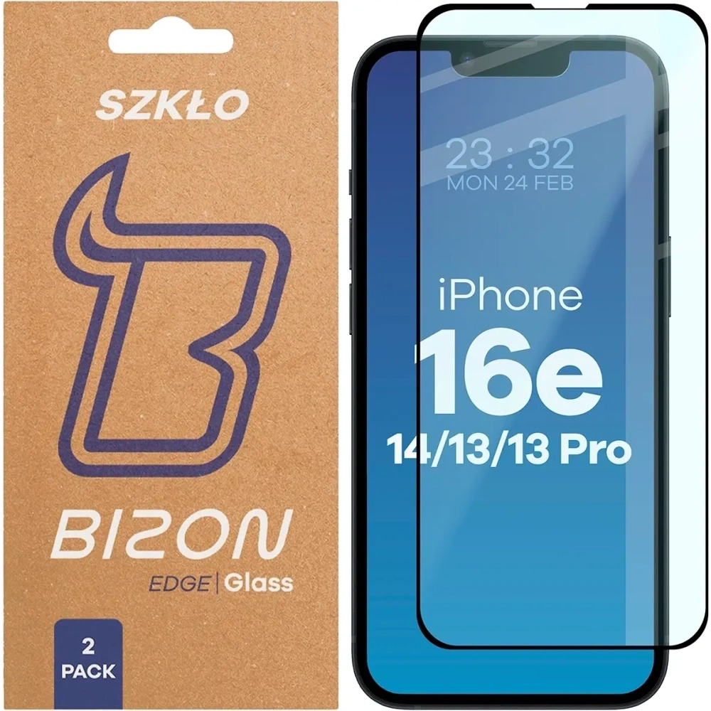Szkło hartowane Bizon Glass Edge Duo do Apple iPhone 16e / 14 / 13 Pro / Apple iPhone 13 czarna ramka [2 PACK]