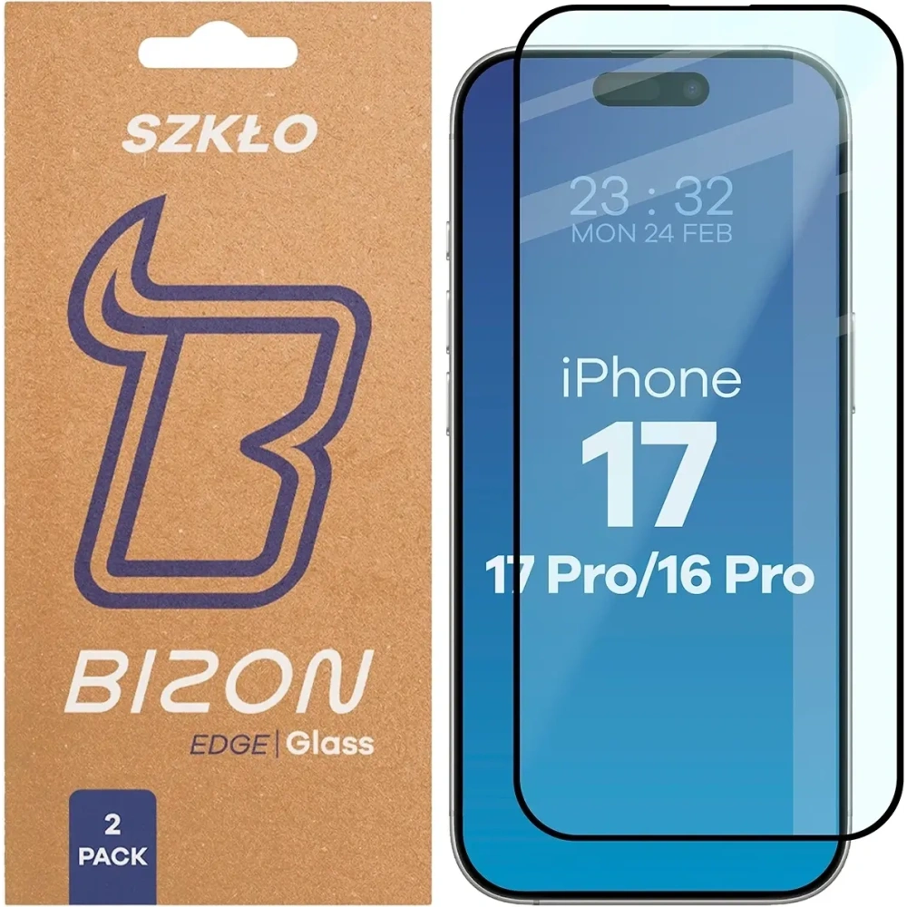 Szkło hartowane Bizon Glass Edge Duo do Apple iPhone 17 / 17 Pro / 16 Pro czarna ramka [2 PACK]