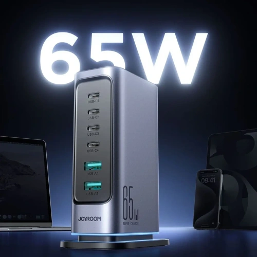 Ładowarka Joyroom JR-TCM02 GaN 65W stacja ładująca 4xUSB-C 2xUSB-A wtyczka UK szara