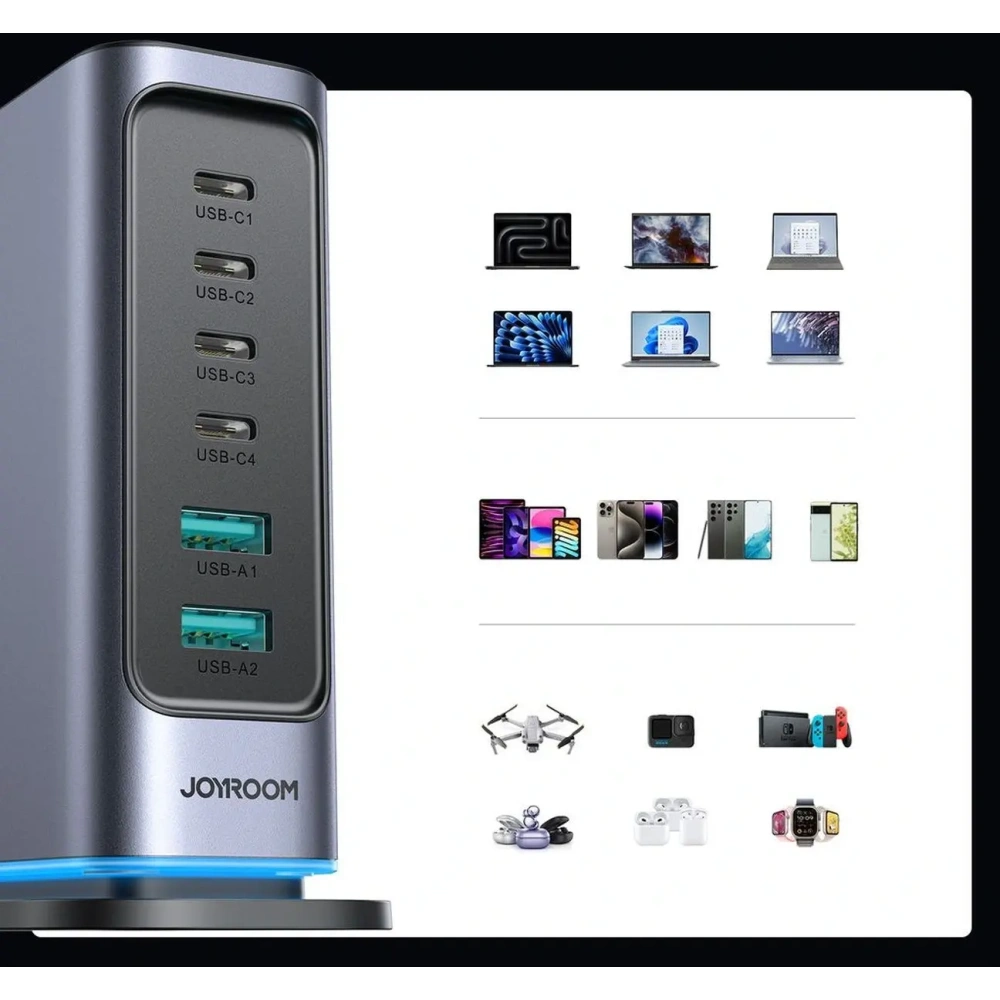 Ładowarka Joyroom JR-TCM02 GaN 65W stacja ładująca 4xUSB-C 2xUSB-A wtyczka UK szara