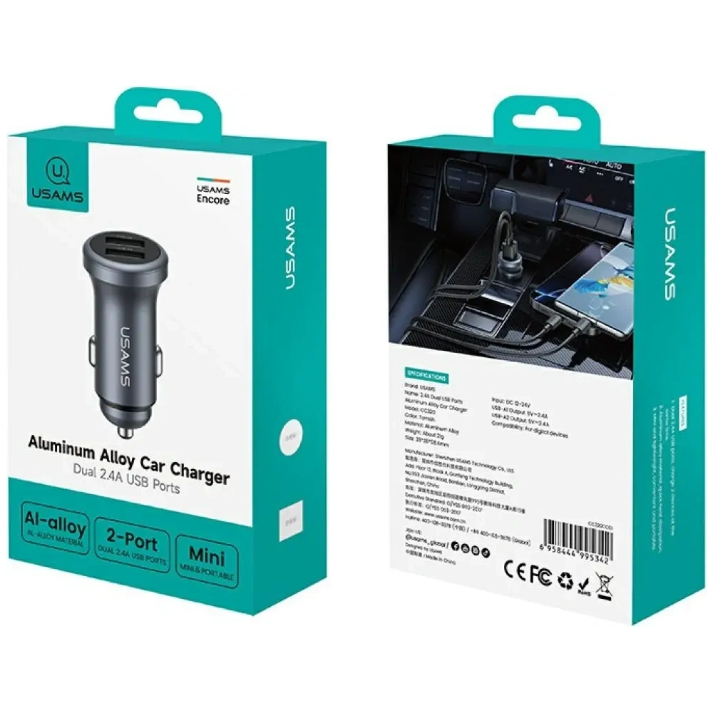 Ładowarka samochodowa USAMS CC320 Aluminium 2.4A 2xUSB-A tarnish