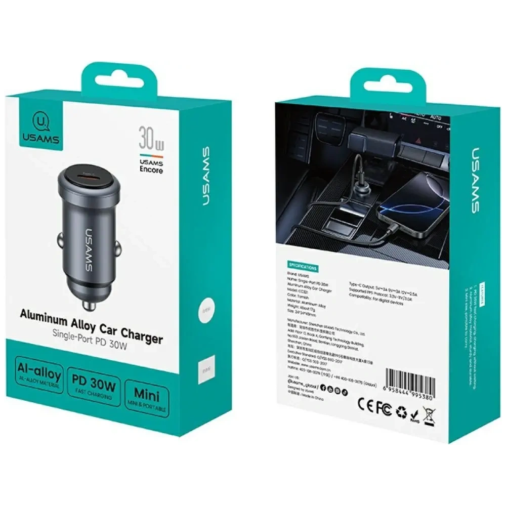Ładowarka samochodowa USAMS CC321 Aluminium 30W USB-C PD tarnish