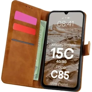 Etui z klapką Bizon Case Pocket do Xiaomi Redmi 15C 4G / 5G / Poco C85 brązowe