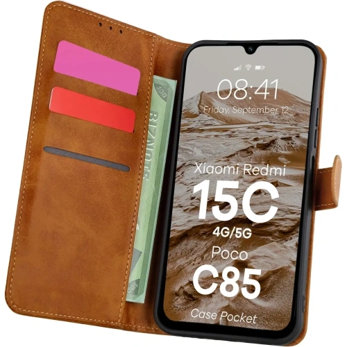 Etui z klapką Bizon Case Pocket do Xiaomi Redmi 15C 4G / 5G / Poco C85 brązowe