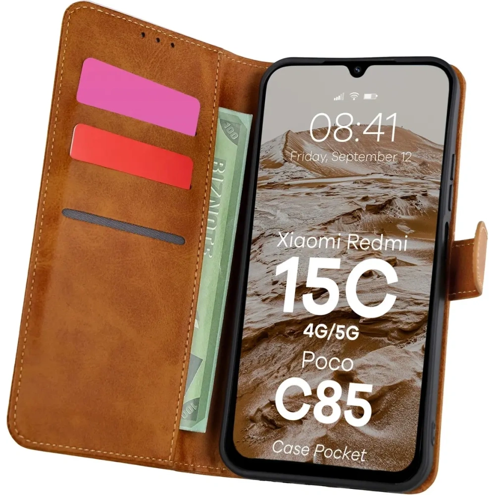 Etui z klapką Bizon Case Pocket do Xiaomi Redmi 15C 4G / 5G / Poco C85 173mm brązowe