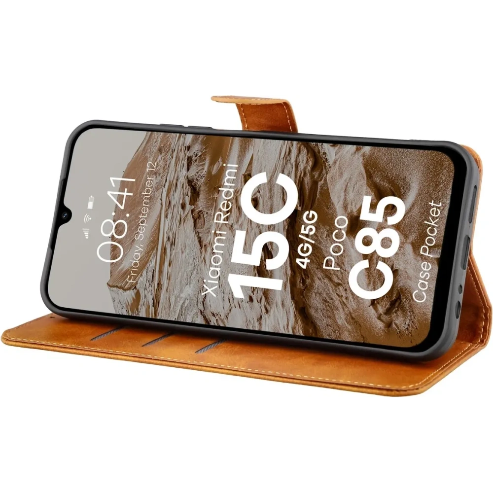 Etui z klapką Bizon Case Pocket do Xiaomi Redmi 15C 4G / 5G / Poco C85 173mm brązowe