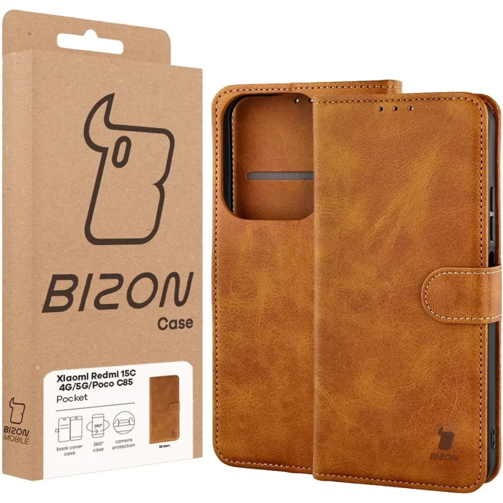 Etui z klapką Bizon Case Pocket do Xiaomi Redmi 15C 4G / 5G / Poco C85 173mm brązowe