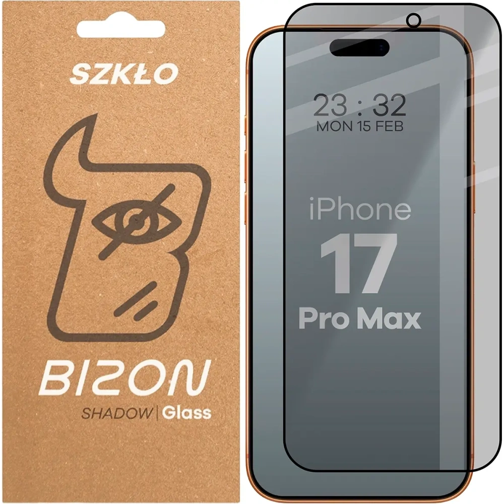 Prywatyzujące szkło hartowane Bizon Glass Edge Shadow do Apple iPhone 17 Pro Max przyciemniane z czarną ramką