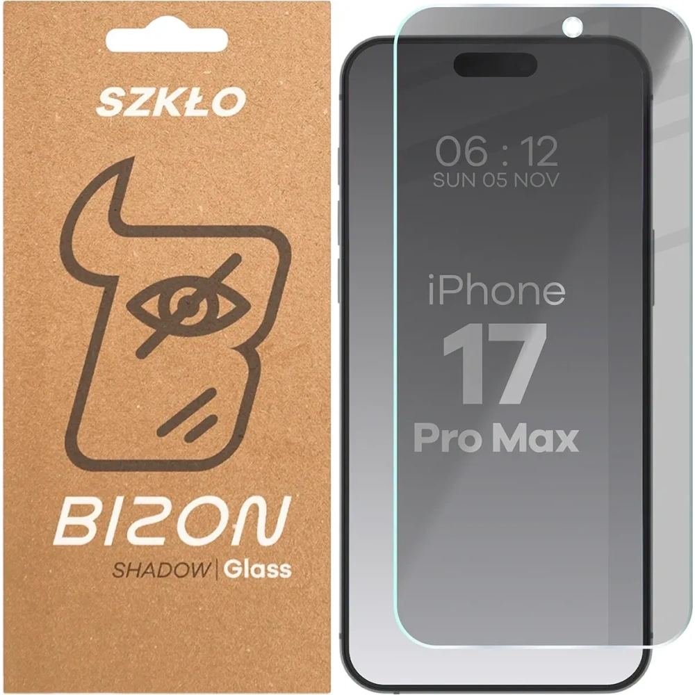 Prywatyzujące szkło hartowane Bizon Glass Clear Shadow do Apple iPhone 17 Pro Max przyciemniane