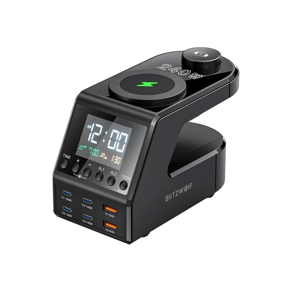 Budzik z ładowarką bezprzewodową Blitzwolf BW-FW10 2xUSB-A 60W, 4xUSB-C 120W, do telefonu, do zegarka