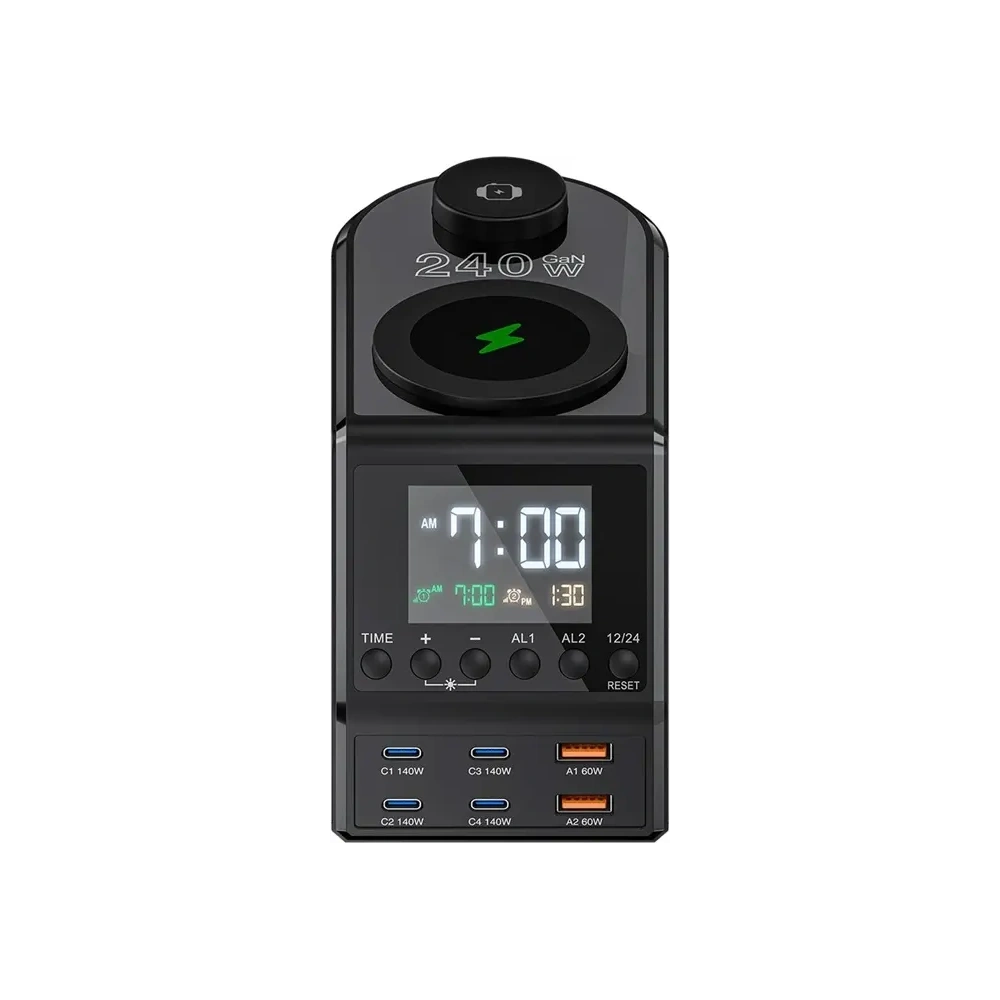 Budzik z ładowarką bezprzewodową Blitzwolf BW-FW10 2xUSB-A 60W, 4xUSB-C 120W, do telefonu, do zegarka