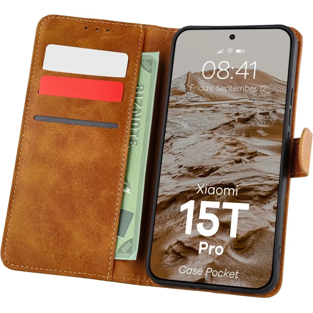 Etui z klapką Bizon Case Pocket do Xiaomi 15T Pro brązowe