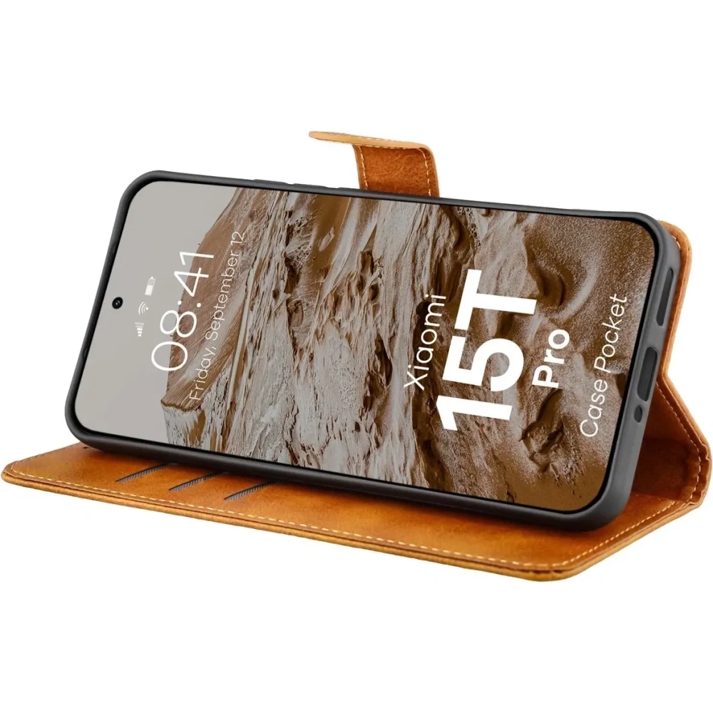 Etui z klapką Bizon Case Pocket do Xiaomi 15T Pro brązowe