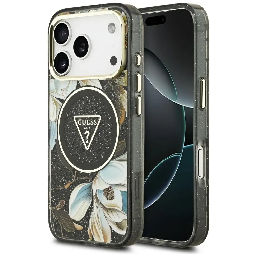 Etui Guess IML Glitter Flowers Triangle MagSafe do Apple iPhone 17 Pro Max czarny