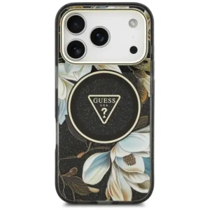 Etui Guess IML Glitter Flowers Triangle MagSafe do Apple iPhone 17 Pro Max czarny