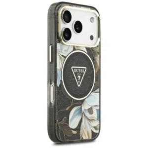 Etui Guess IML Glitter Flowers Triangle MagSafe do Apple iPhone 17 Pro Max czarny