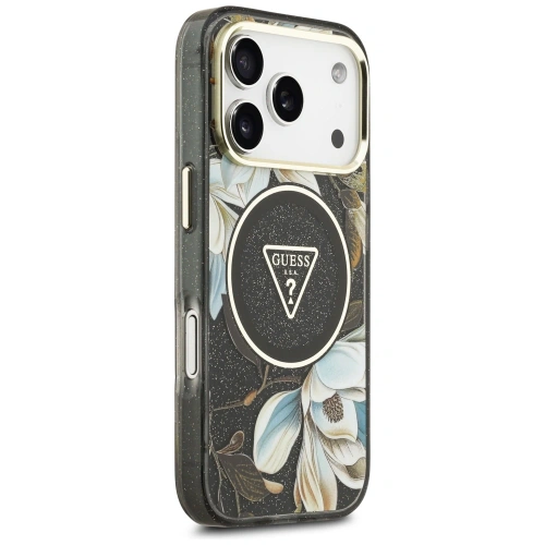 Etui Guess IML Glitter Flowers Triangle MagSafe do Apple iPhone 17 Pro Max czarny
