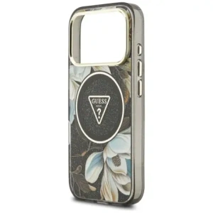 Etui Guess IML Glitter Flowers Triangle MagSafe do Apple iPhone 17 Pro Max czarny