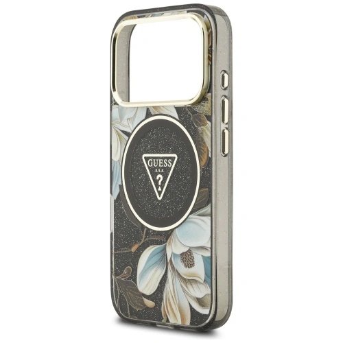 Etui Guess IML Glitter Flowers Triangle MagSafe do Apple iPhone 17 Pro Max czarny