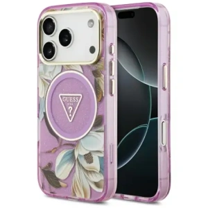 Etui Guess IML Glitter Flowers Triangle MagSafe do Apple iPhone 17 Pro Max fioletowy