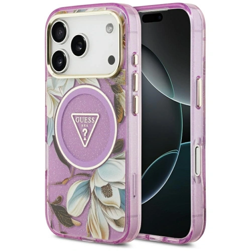 Etui Guess IML Glitter Flowers Triangle MagSafe do Apple iPhone 17 Pro Max fioletowy