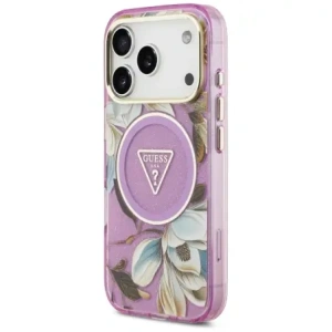 Etui Guess IML Glitter Flowers Triangle MagSafe do Apple iPhone 17 Pro Max fioletowy