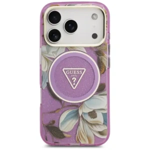 Etui Guess IML Glitter Flowers Triangle MagSafe do Apple iPhone 17 Pro Max fioletowy