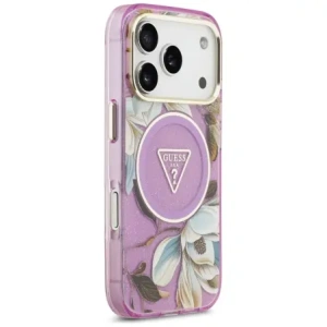 Etui Guess IML Glitter Flowers Triangle MagSafe do Apple iPhone 17 Pro Max fioletowy