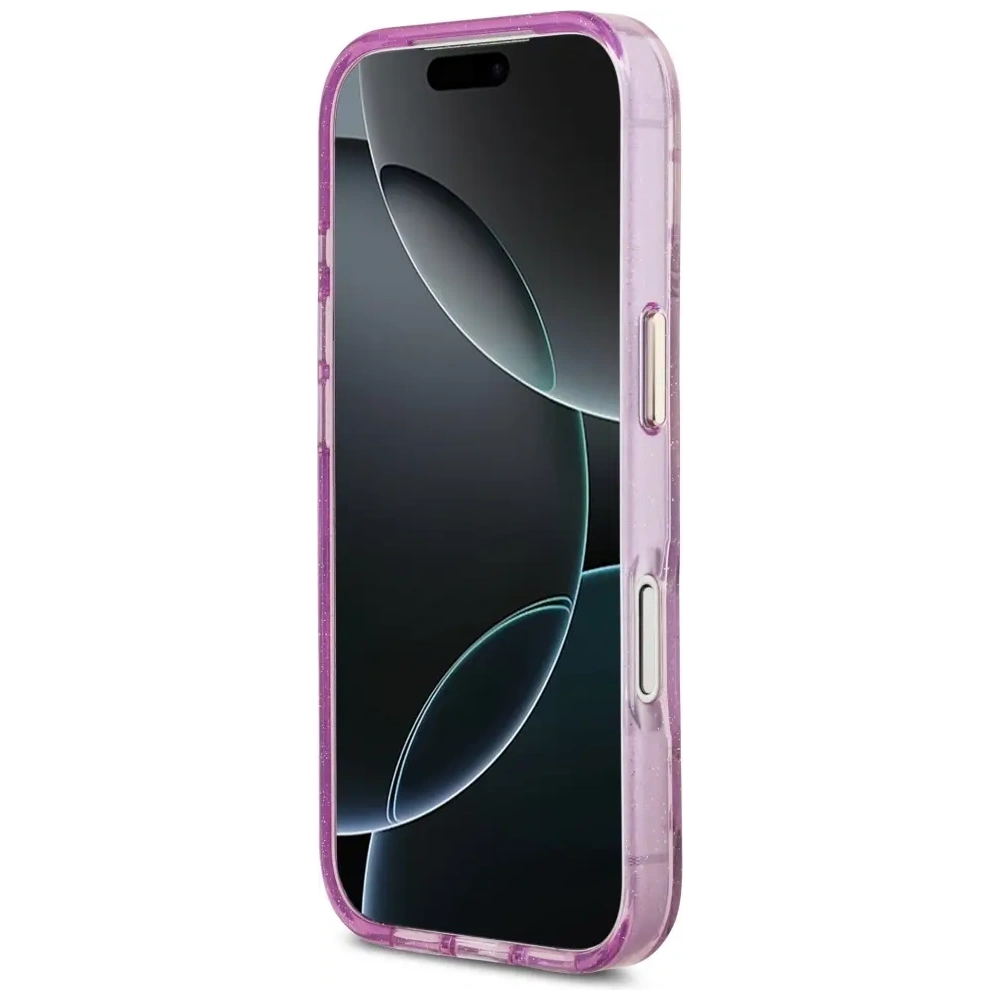 Etui Guess IML Glitter Flowers Triangle MagSafe do Apple iPhone 17 Pro Max fioletowy