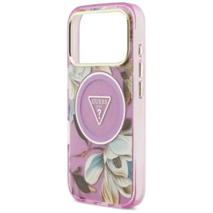 Etui Guess IML Glitter Flowers Triangle MagSafe do Apple iPhone 17 Pro Max fioletowy