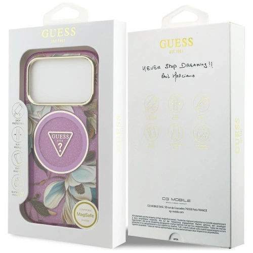 Etui Guess IML Glitter Flowers Triangle MagSafe do Apple iPhone 17 Pro Max fioletowy