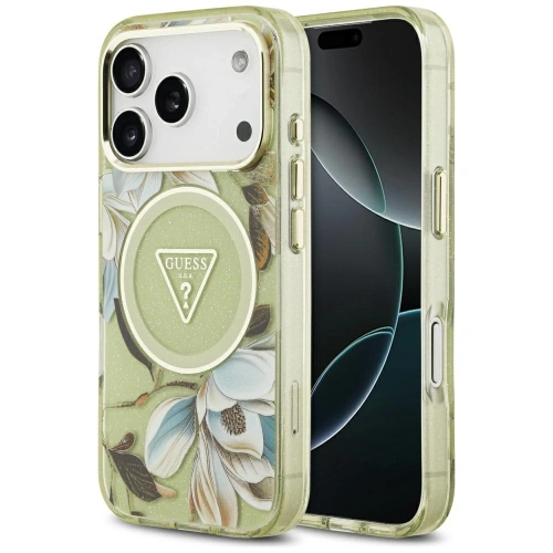 Etui Guess IML Glitter Flowers Triangle MagSafe do Apple iPhone 17 Pro Max zielony