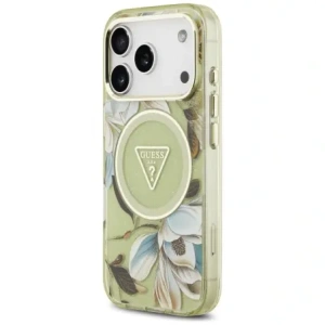 Etui Guess IML Glitter Flowers Triangle MagSafe do Apple iPhone 17 Pro Max zielony